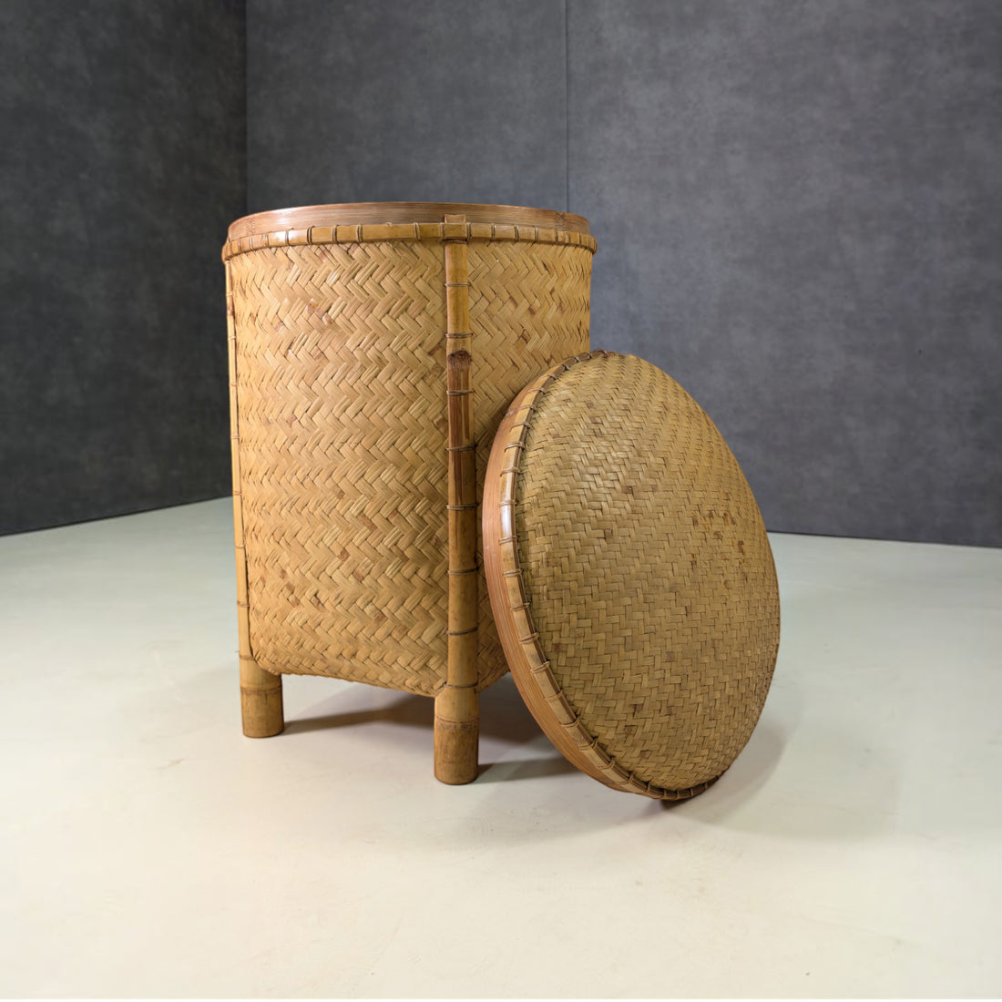 Large Vintage Bamboo and Rattan Lidded Basket