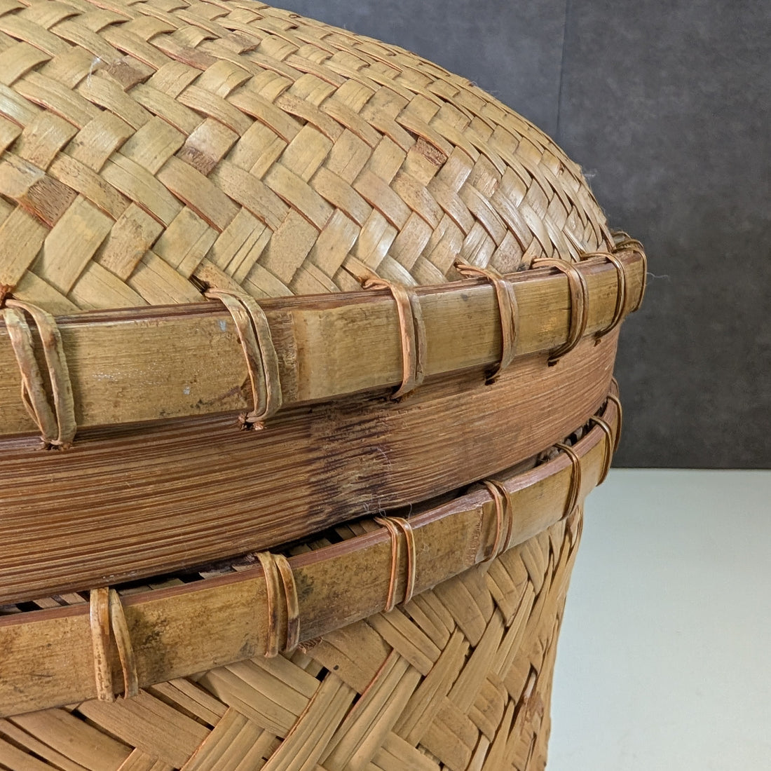 Large Vintage Bamboo and Rattan Lidded Basket