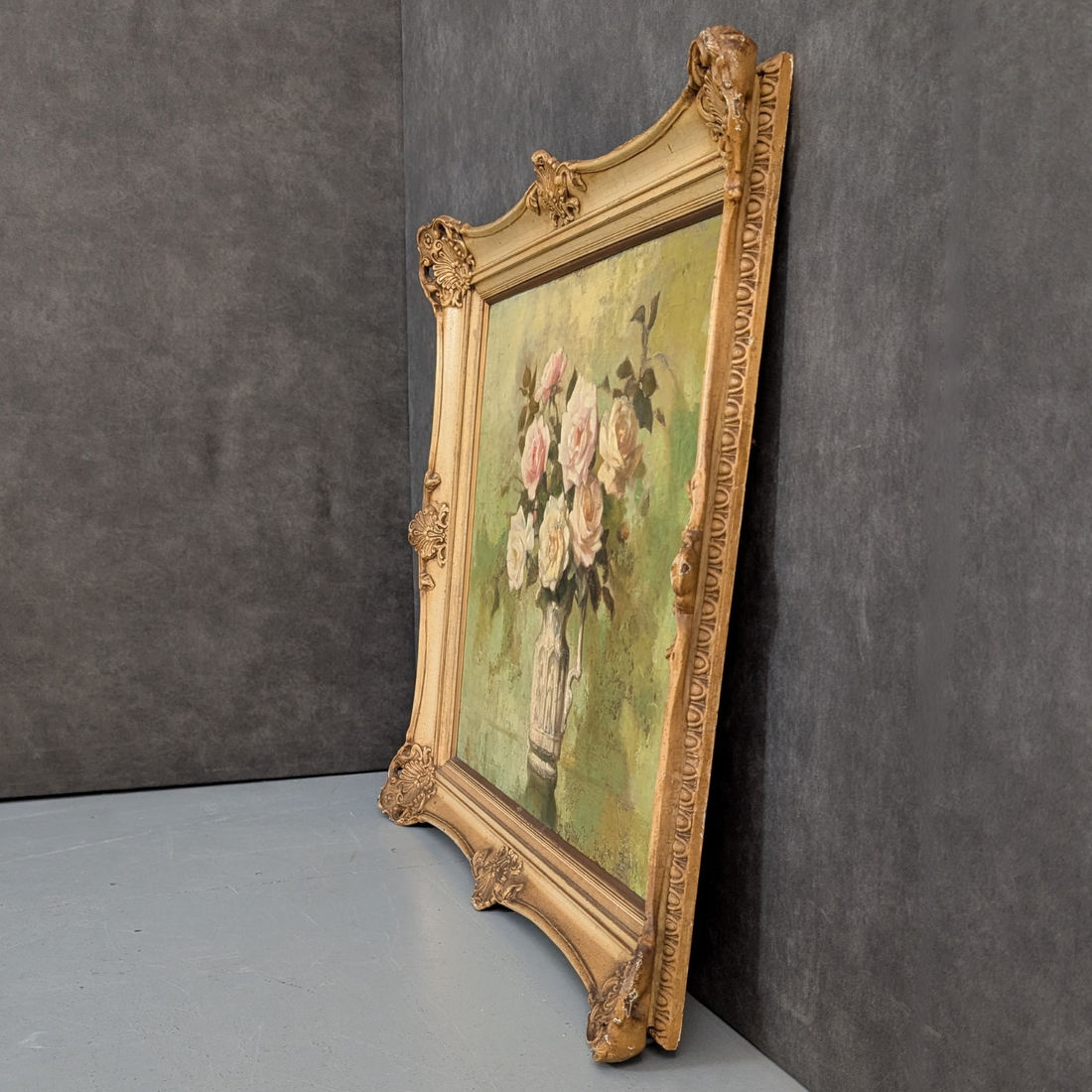 Early 20th Century Floral Oil Painting by Lyall Trindall in French Provincial Gilt Frame