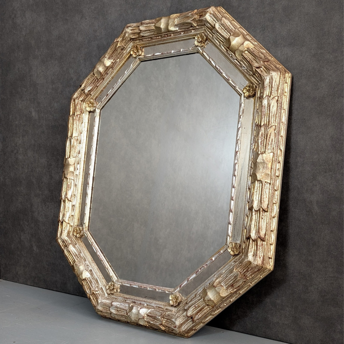 Vintage Octagonal Giltwood Mirror with Églomisé Style Border