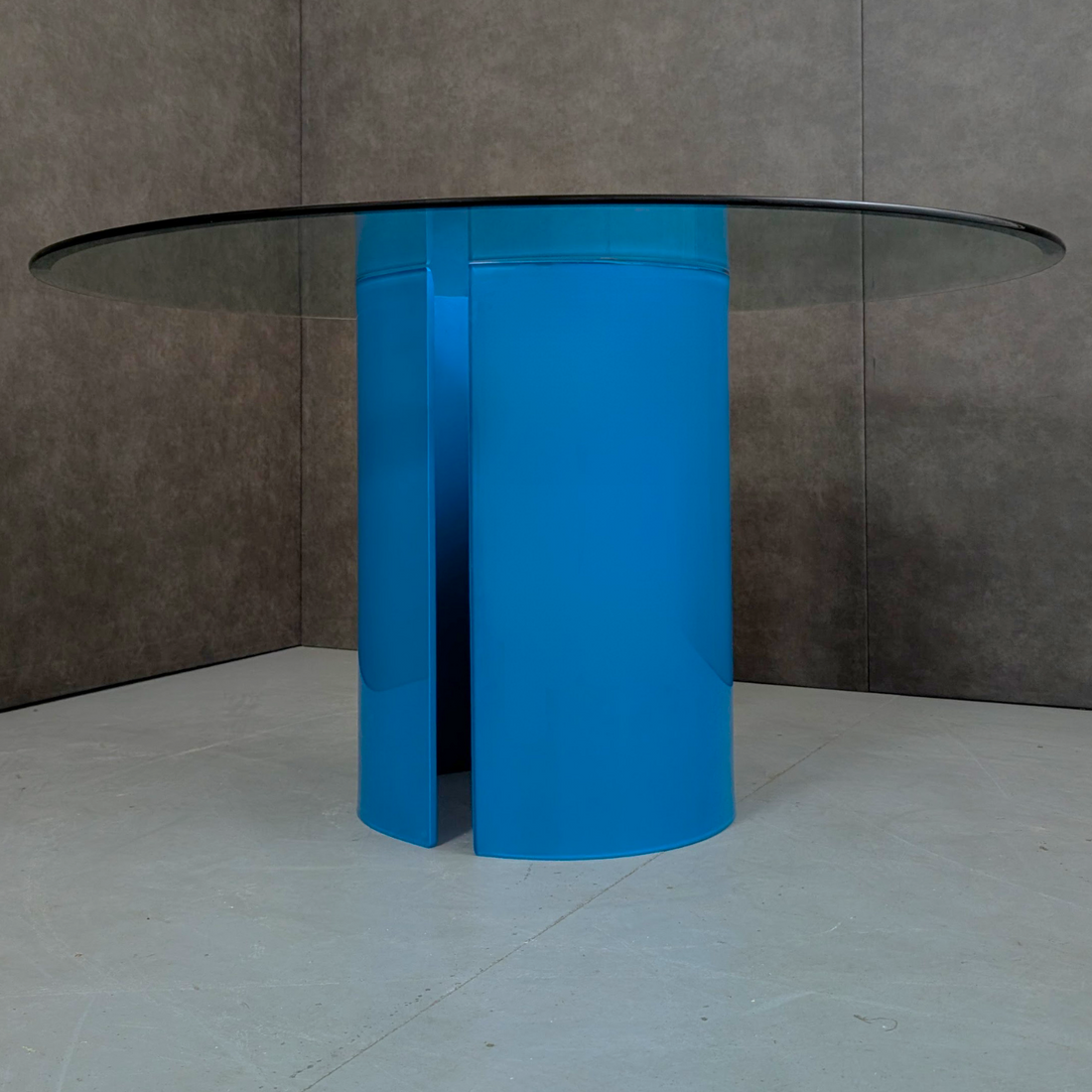 Round Glass Dining Table with Opaque Blue Glass Pedestal