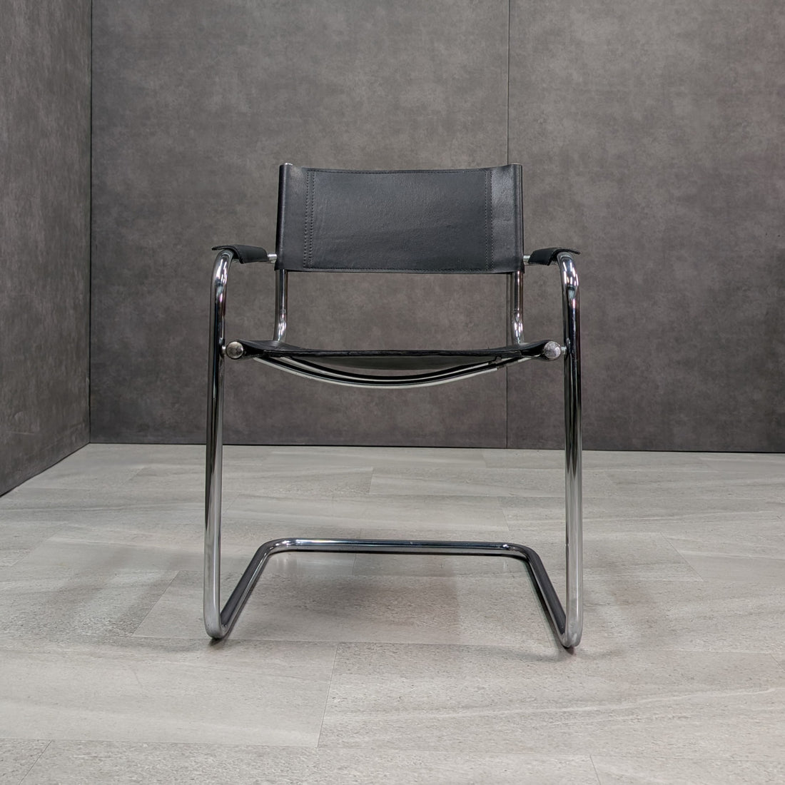 Chrome and black leather Bauhaus style cantilever armchair alternate view