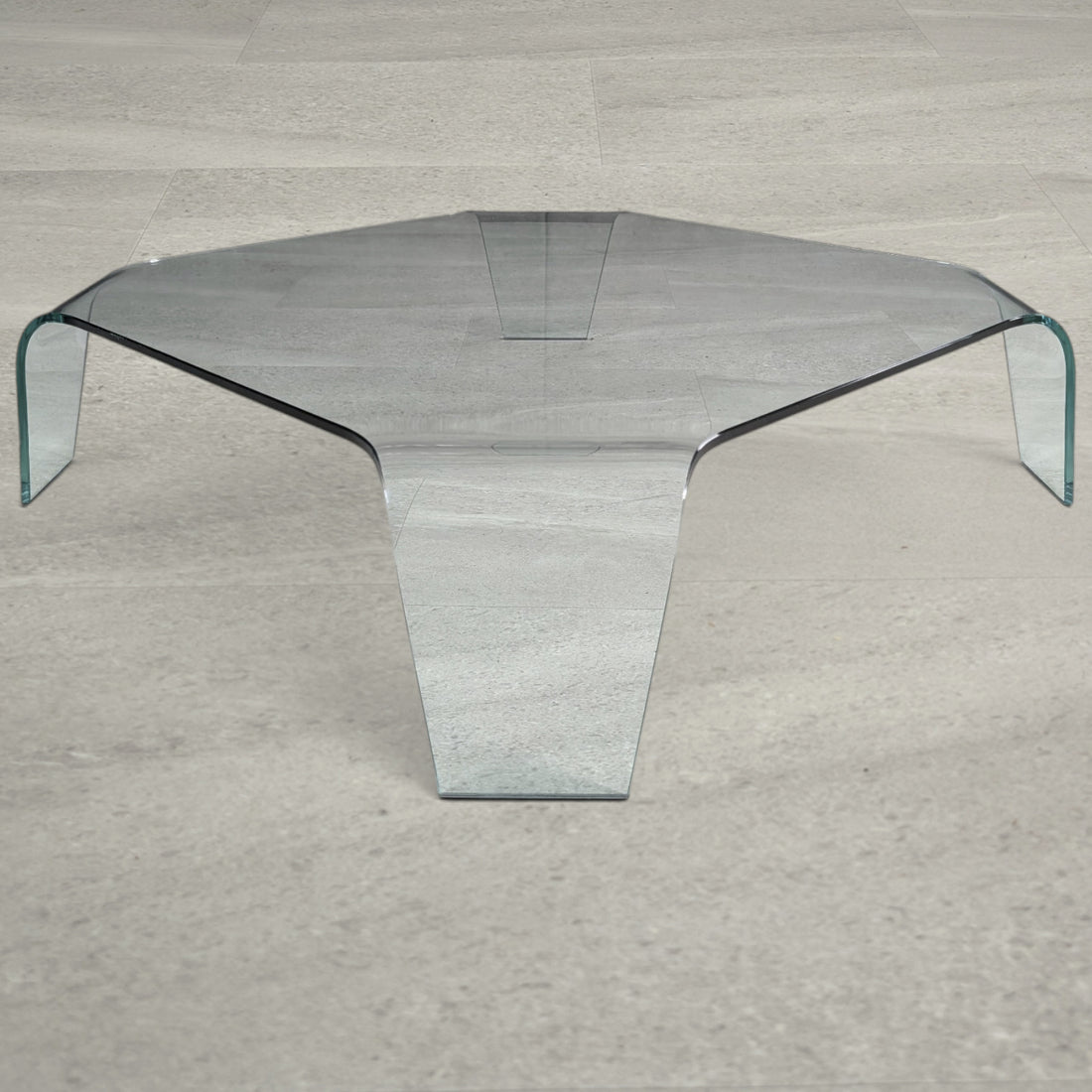 Vintage FIAM style clear glass waterfall coffee table, front view