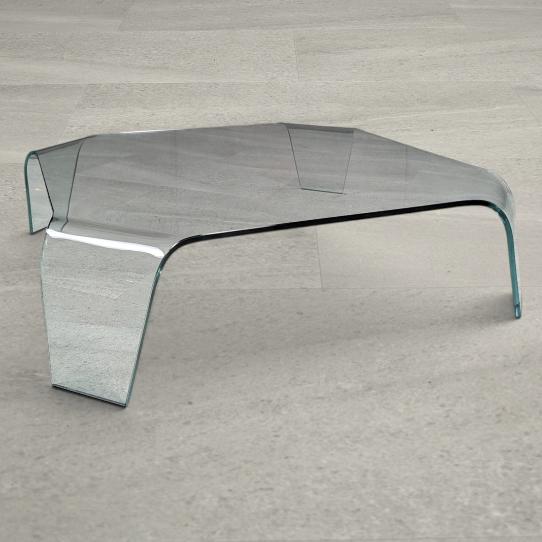Vintage FIAM style clear glass waterfall coffee table, angled view