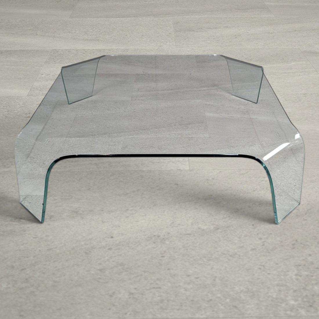 Bent glass waterfall coffee table photographed from above