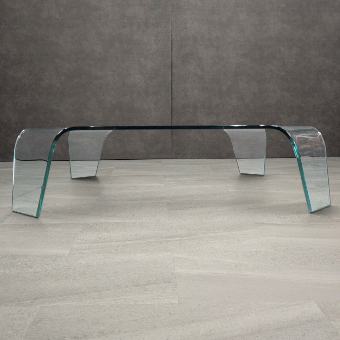 Clear glass waterfall coffee table, side profile