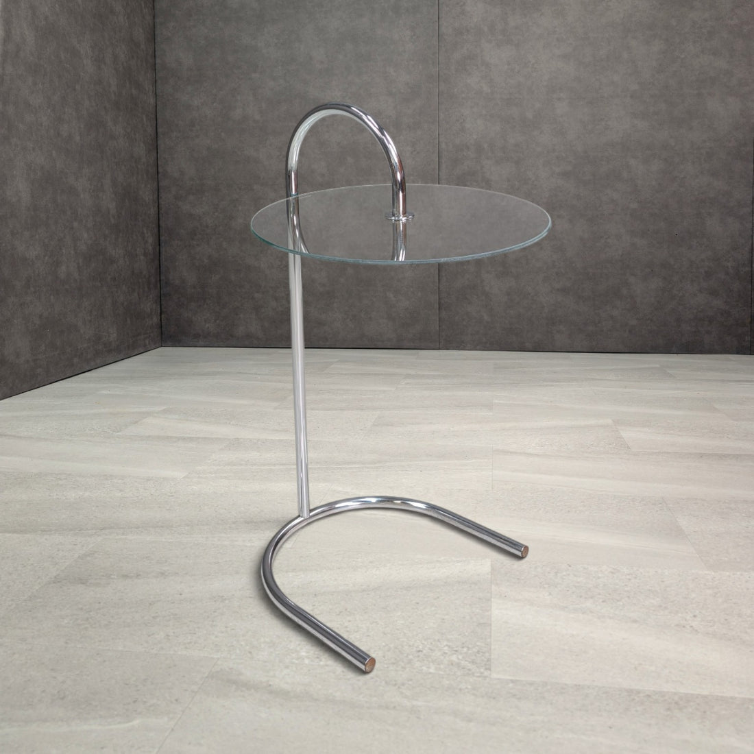 Vintage IKEA RY chrome and clear glass side table by Tord Björklund, three-quarter view