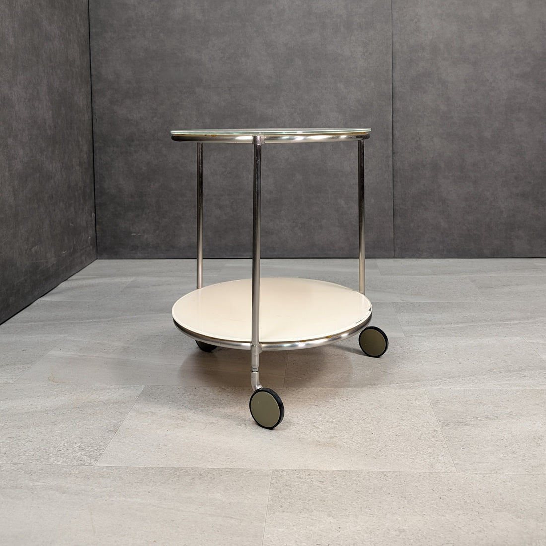 IKEA Strind circular glass and chrome rolling side table