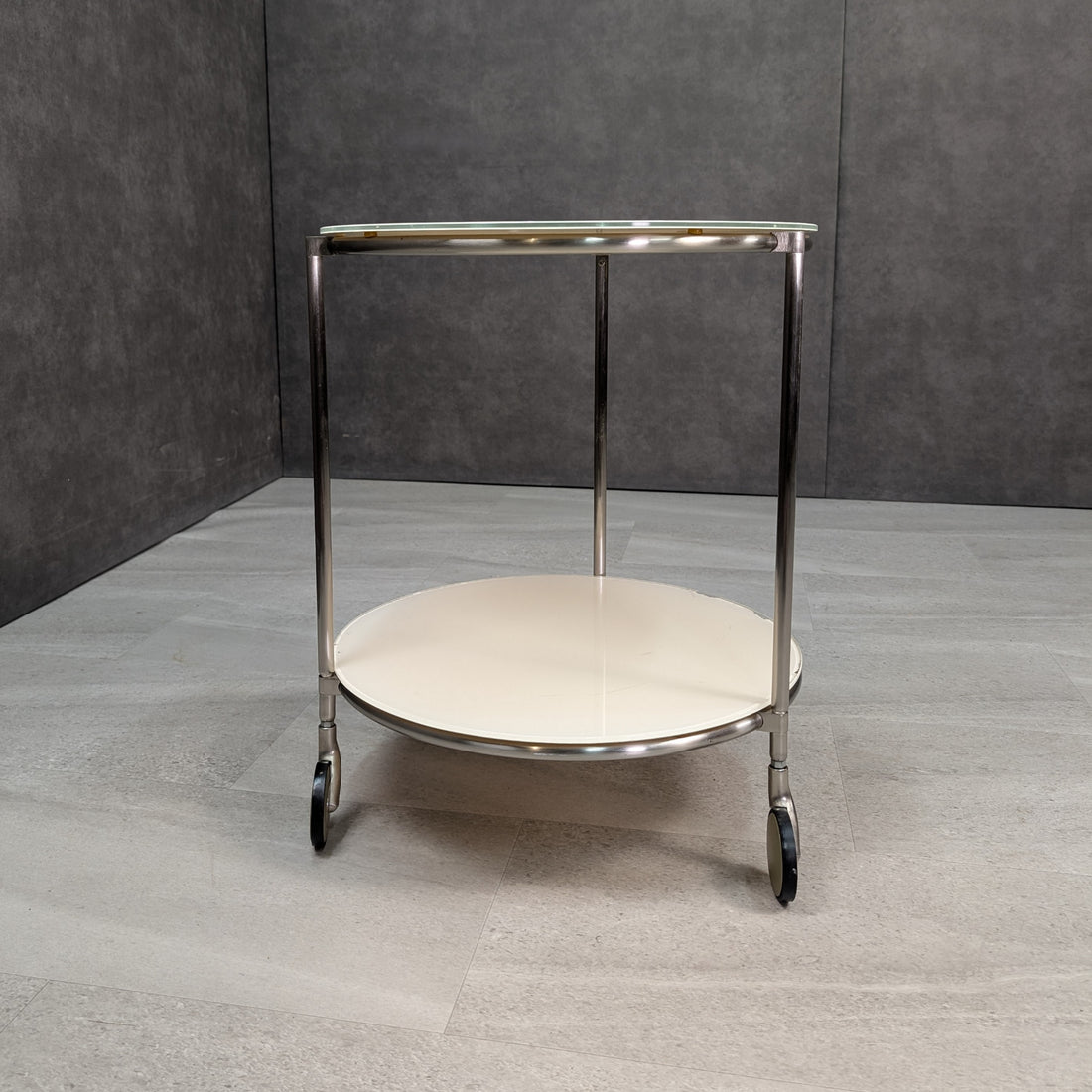IKEA Strind two tier rolling table chrome frame detail