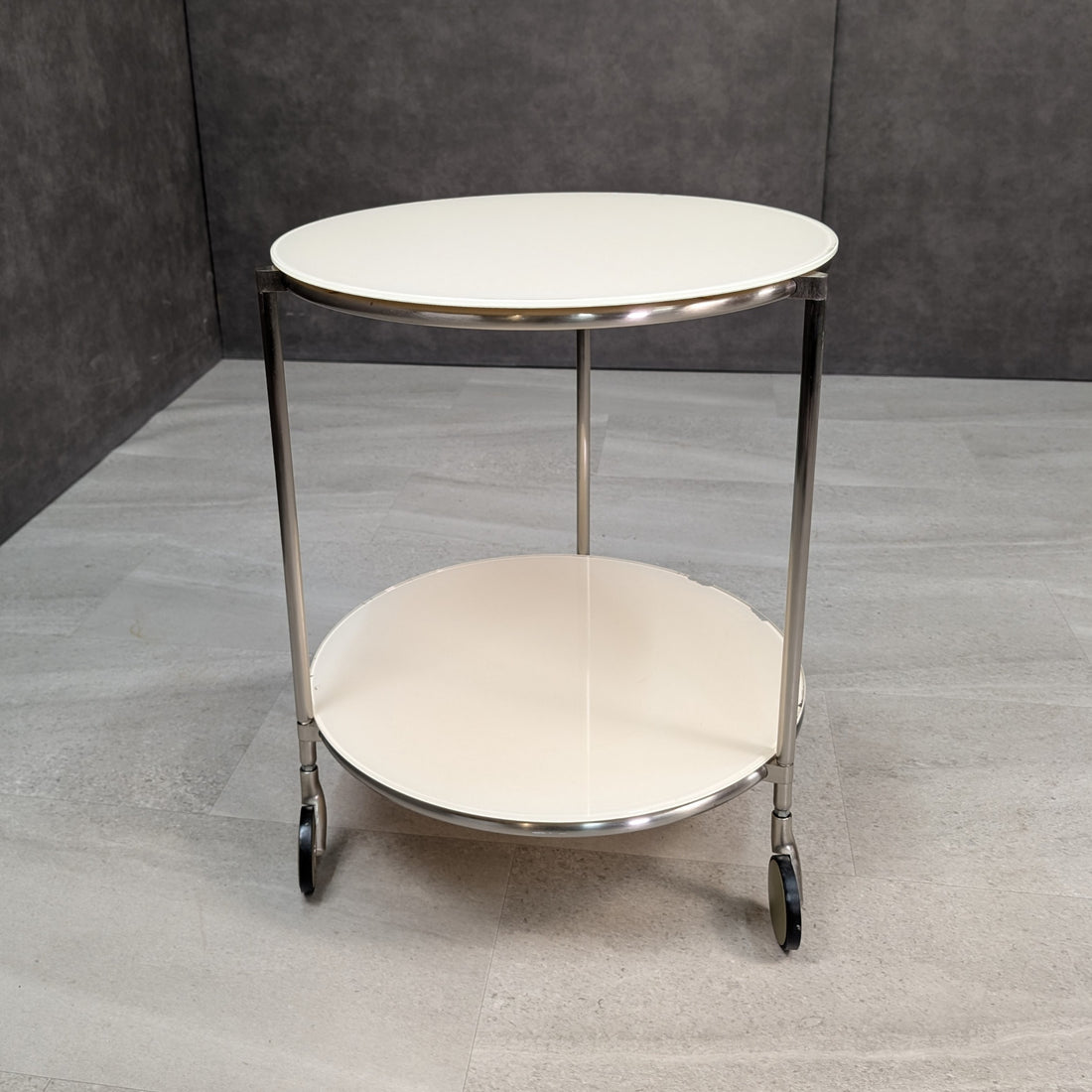 IKEA Strind side table upper glass top and lower white glass shelf
