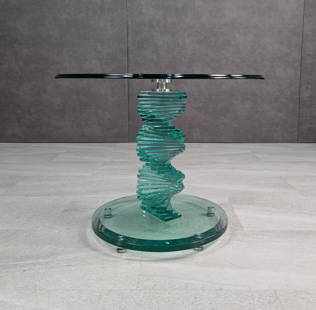 Vintage stacked glass helix side table in the style of Danny Lane, full front view