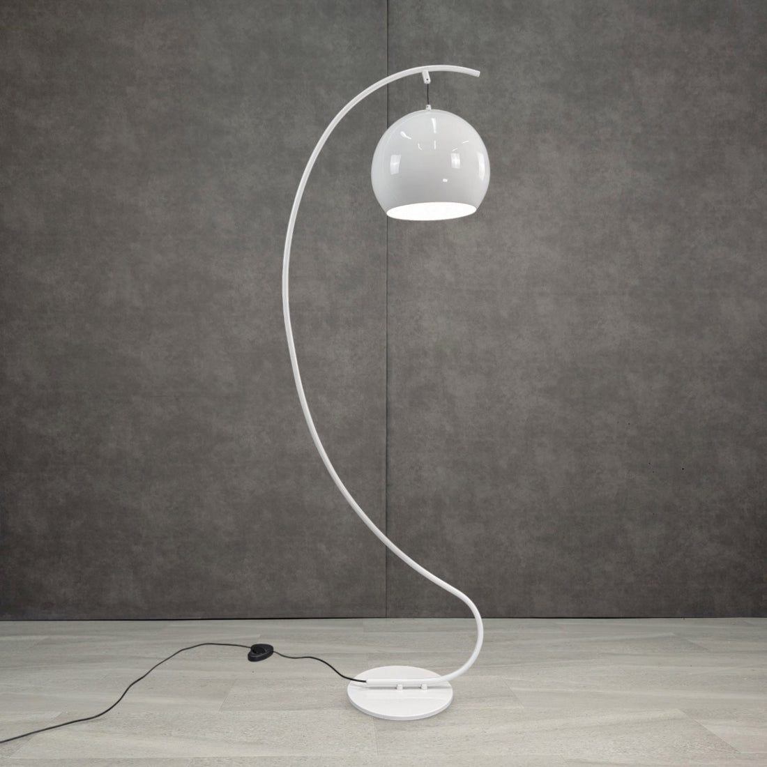 Vintage white enamel serpentine Space Age floor lamp full view with suspended dome shade