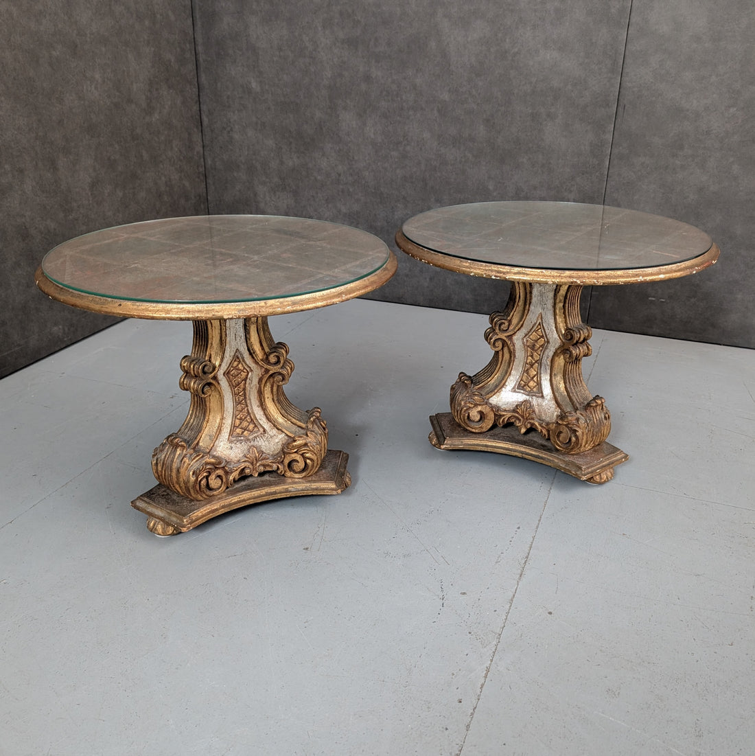 Pair of Italian Baroque Revival Side Tables Circa 1950s Gilt and Silvered Wood Glass Tops