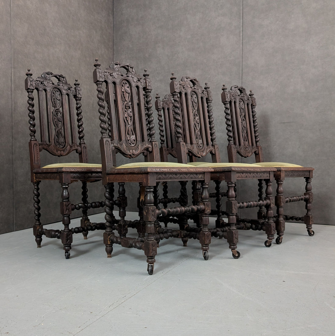 6 Victorian Jacobean Revival Dining Chairs Dark Oak, Circa 1860