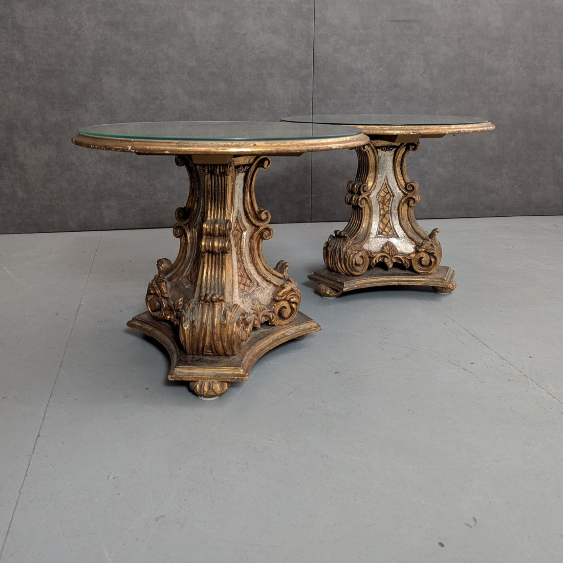 Pair of Italian Baroque Revival Side Tables Circa 1950s Gilt and Silvered Wood Glass Tops