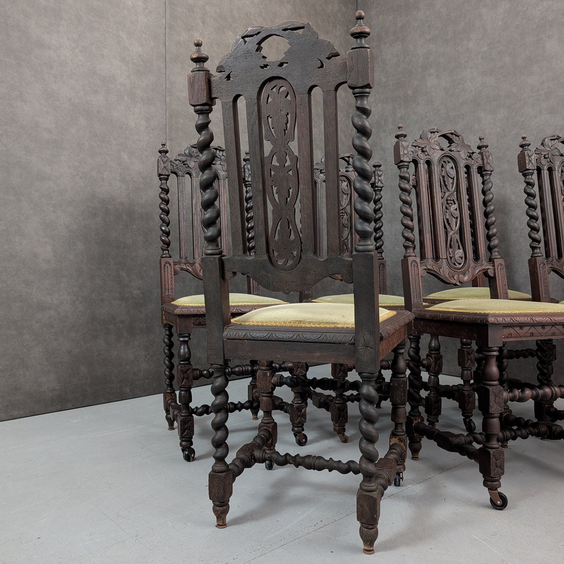 6 Victorian Jacobean Revival Dining Chairs Dark Oak, Circa 1860