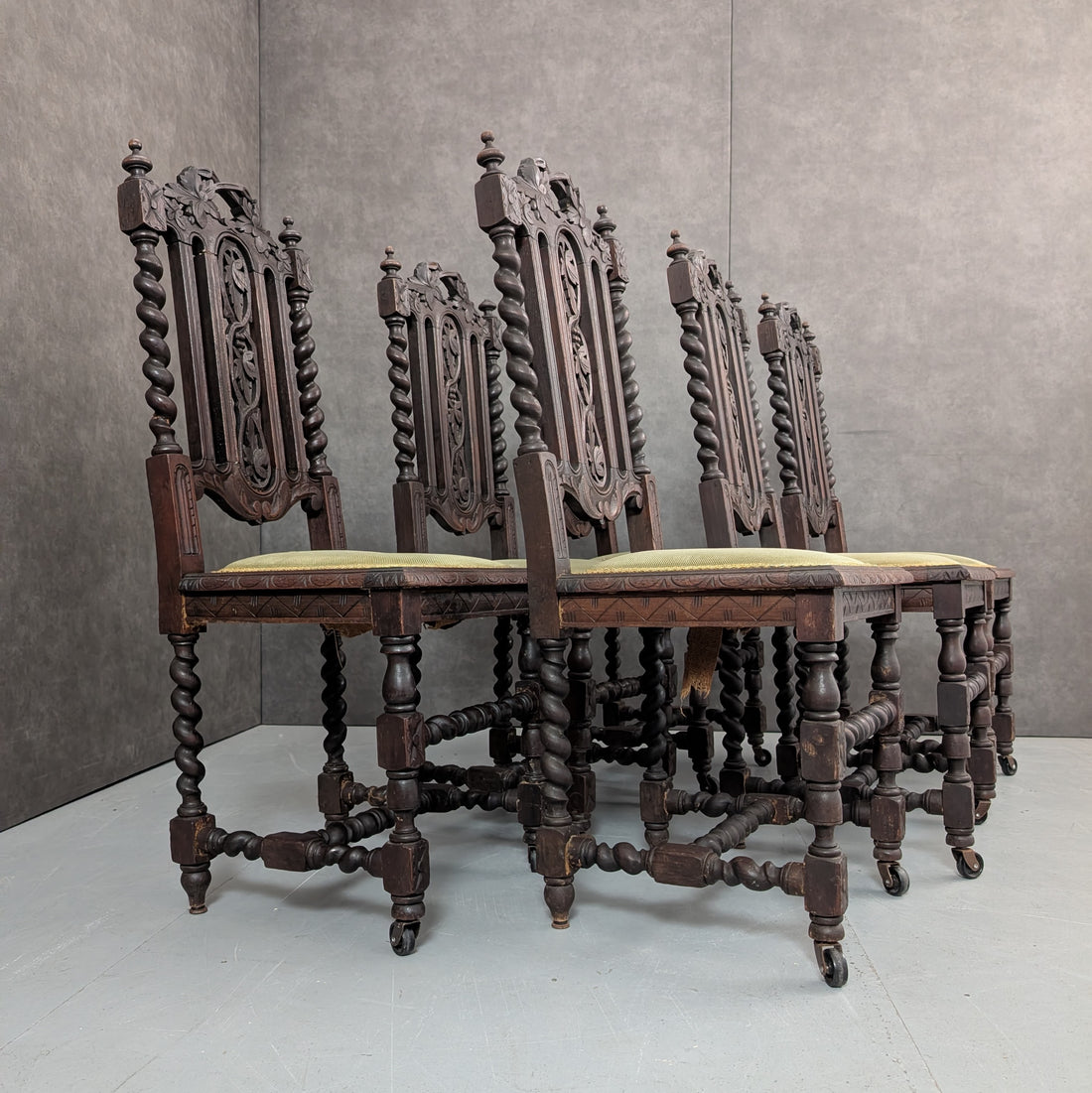 6 Victorian Jacobean Revival Dining Chairs Dark Oak, Circa 1860