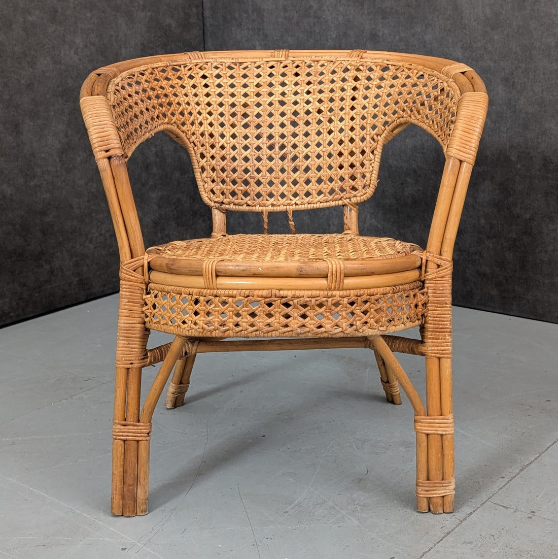 1970s Rattan and Cane Barrel Chair Suite with Matching Coffee Table