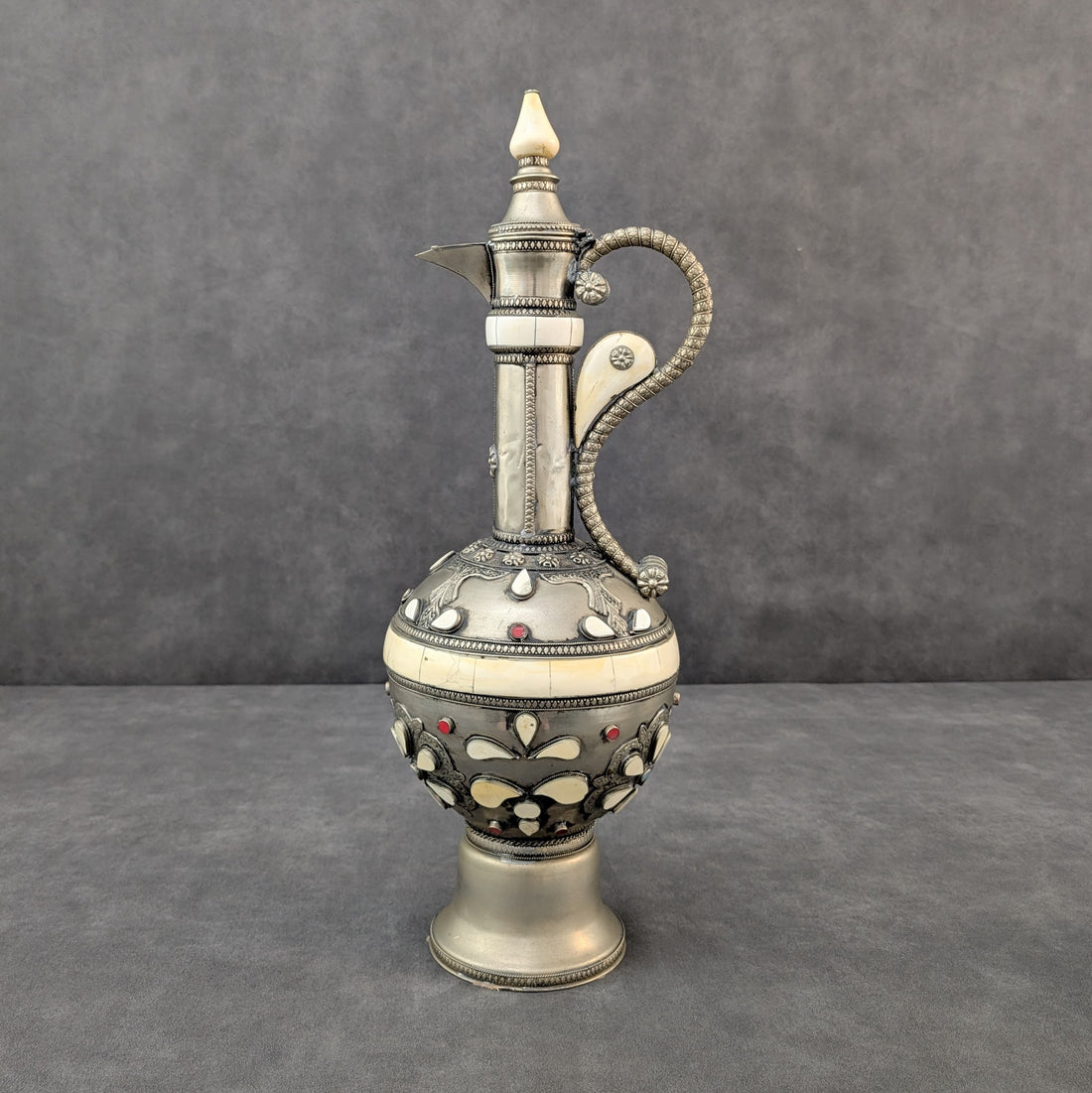 Nickel Silver Ewer | Bone Inlay with Coloured Cabochons