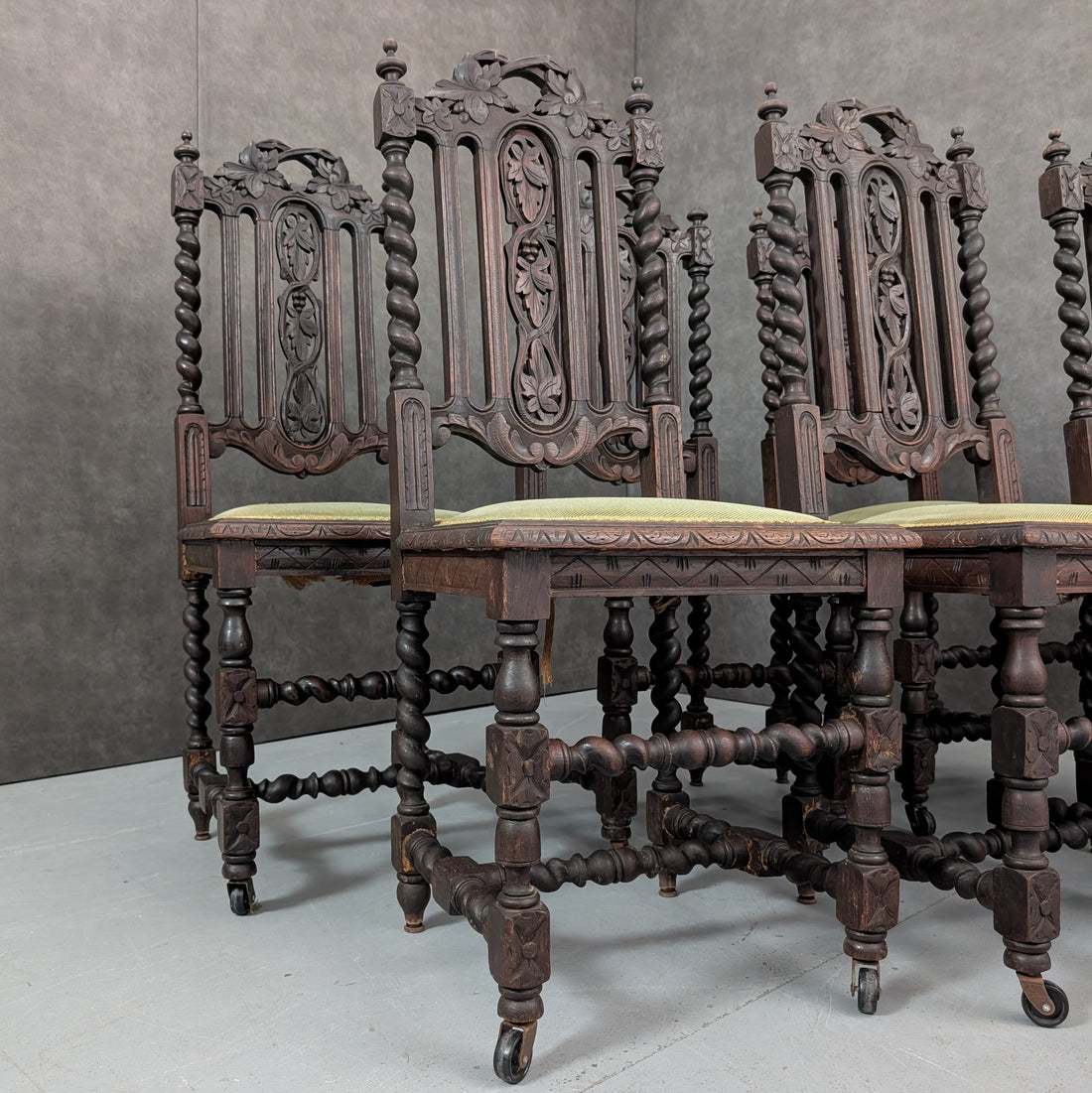 6 Victorian Jacobean Revival Dining Chairs Dark Oak, Circa 1860