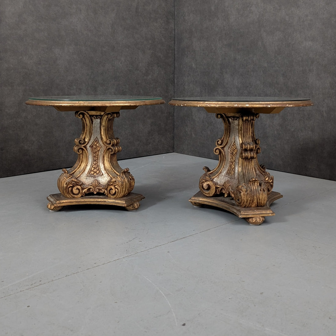 Pair of Italian Baroque Revival Side Tables Circa 1950s Gilt and Silvered Wood Glass Tops