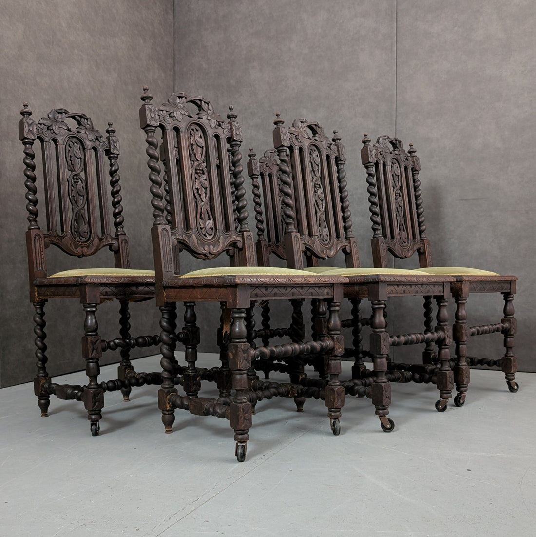6 Victorian Jacobean Revival Dining Chairs Dark Oak, Circa 1860