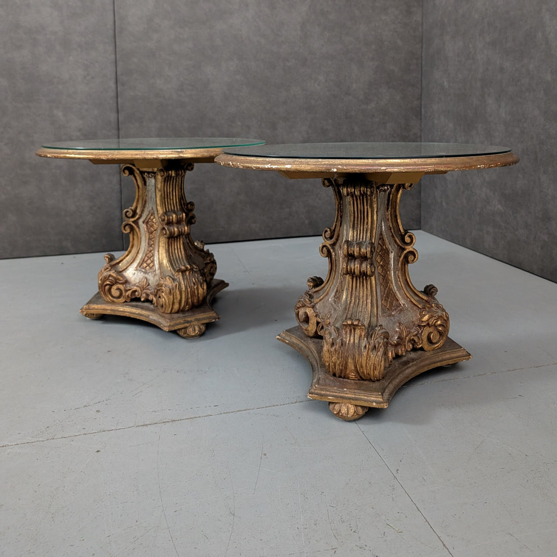 Pair of Italian Baroque Revival Side Tables Circa 1950s Gilt and Silvered Wood Glass Tops