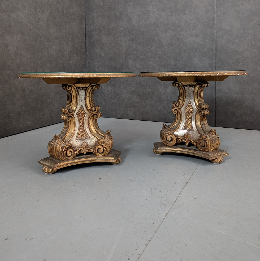 Pair of Italian Baroque Revival Side Tables Circa 1950s Gilt and Silvered Wood Glass Tops