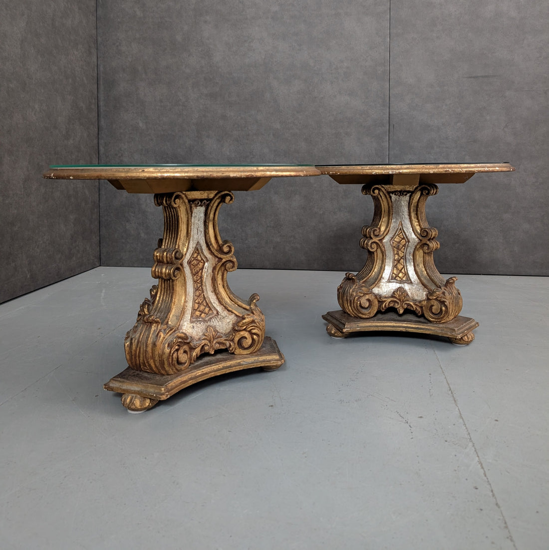 Pair of Italian Baroque Revival Side Tables Circa 1950s Gilt and Silvered Wood Glass Tops